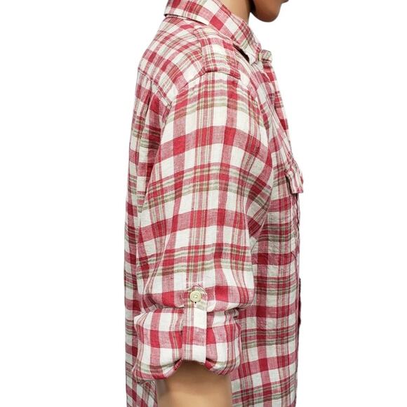 BROOKS BROTHERS 346 Linen Shirt Men M Double Pocket Military Epaulets Plaid Red - Picture 5 of 11